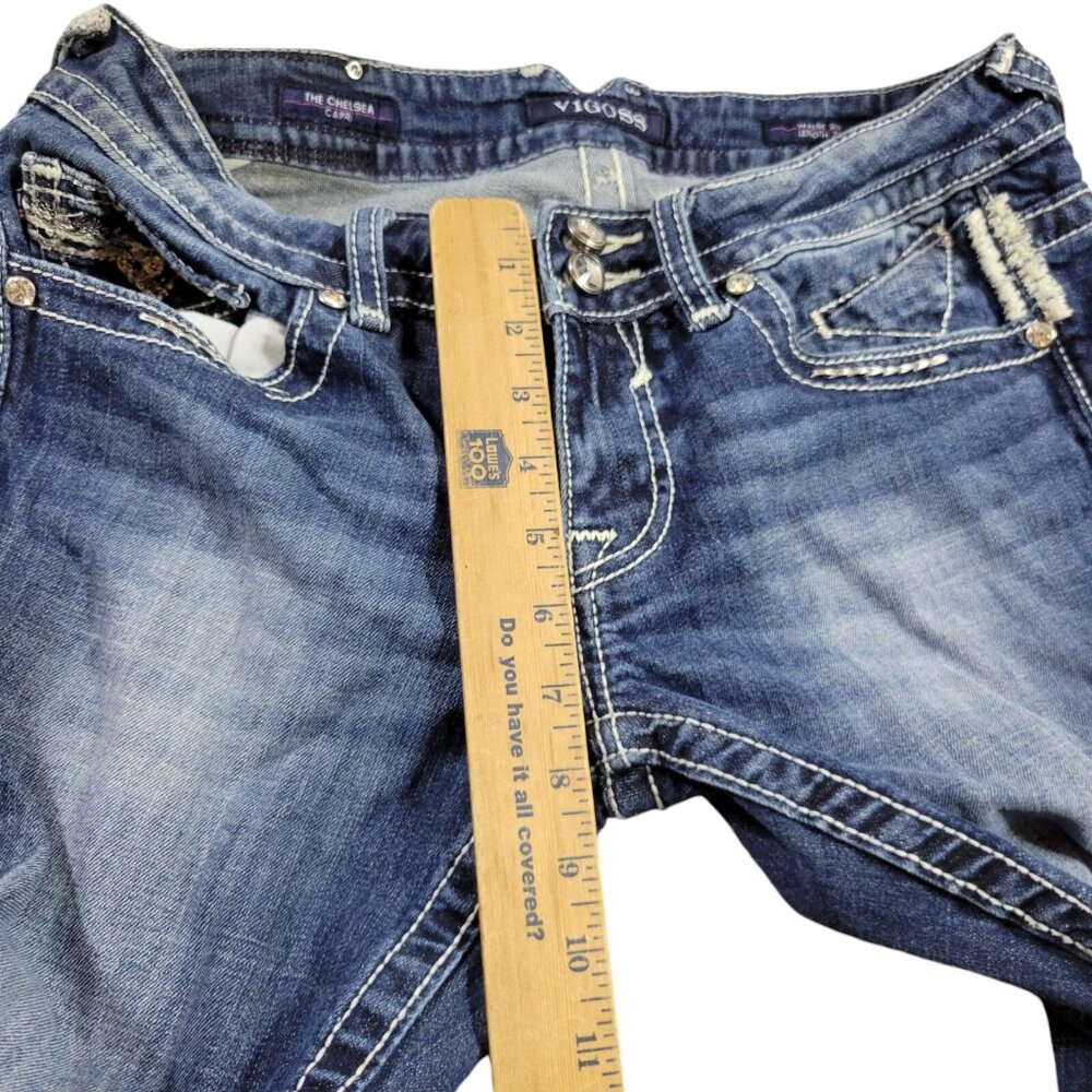 Vigoss Jeans Womens 29 Chelsea Capri Dark Wash Embellished Denim Embroidered - Picture 7 of 8